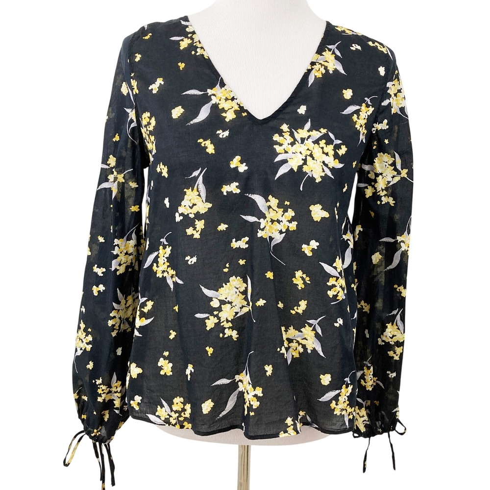 Ann Mashburn Floral V-neck Blouse Size‎ S Black Yellow Long Sleeve Cuff Ties